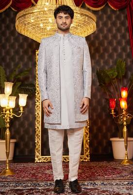 grey computer thread work on art silk indowestern western for men  1