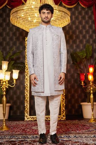 grey computer thread work on art silk indo western for men 