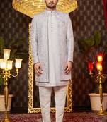 grey computer thread work on art silk indowestern western for men 