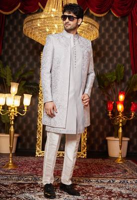 grey computer thread work on art silk indowestern western for men  2
