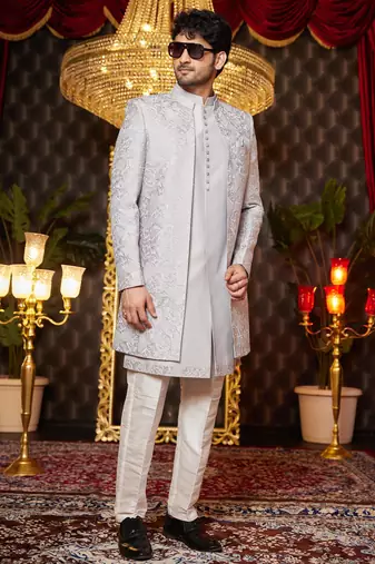 grey computer thread work on art silk indowestern western for men 