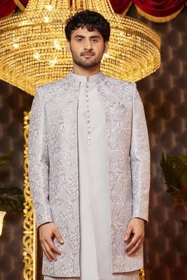 grey computer thread work on art silk indowestern western for men  3