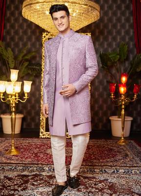 light purple computer thread work on art silk indowestern western for men  1