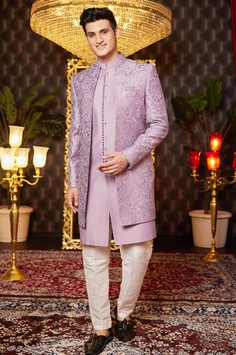 light purple computer thread work on art silk indo western for men 