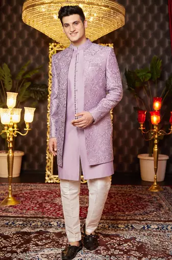 light purple computer thread work on art silk indo western for men 