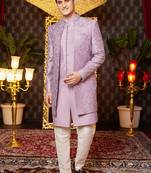 light purple computer thread work on art silk indowestern western for men 