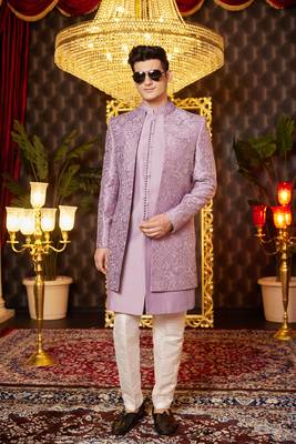 light purple computer thread work on art silk indowestern western for men  2