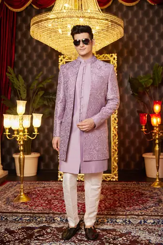 light purple computer thread work on art silk indowestern western for men 