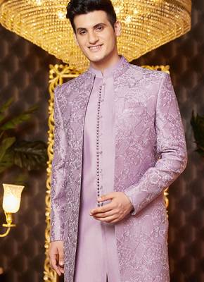 light purple computer thread work on art silk indowestern western for men  3