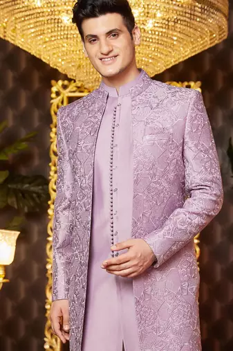 light purple computer thread work on art silk indowestern western for men 