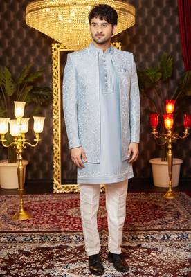 blue computer thread work on art silk indowestern for men  1