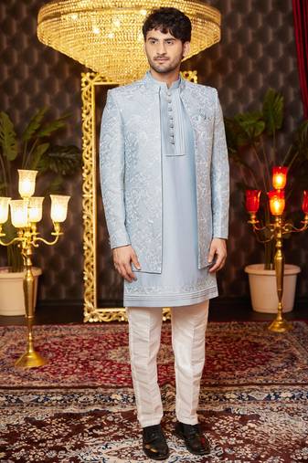 blue computer thread work on art silk kurta jacket for men 