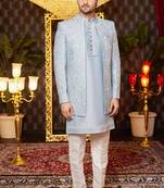 blue computer thread work on art silk indowestern for men 