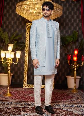blue computer thread work on art silk indowestern for men  2