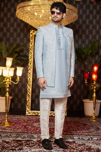 blue computer thread work on art silk indowestern for men 