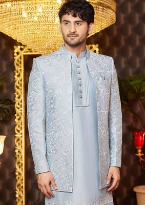 blue computer thread work on art silk indowestern for men  3