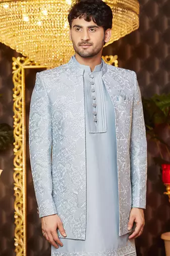blue computer thread work on art silk indowestern for men 
