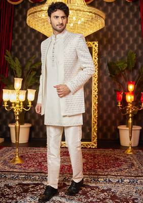 cream computer thread work on art silk indowestern for men  1