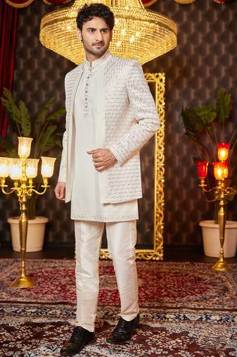 cream computer thread work on art silk kurta jacket for men 