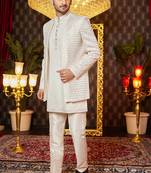 cream computer thread work on art silk indowestern for men 