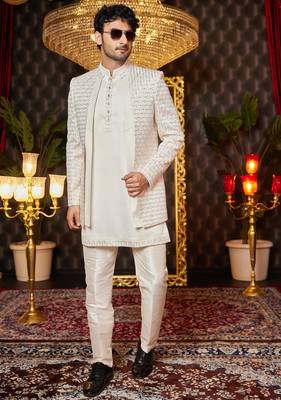 cream computer thread work on art silk indowestern for men  2