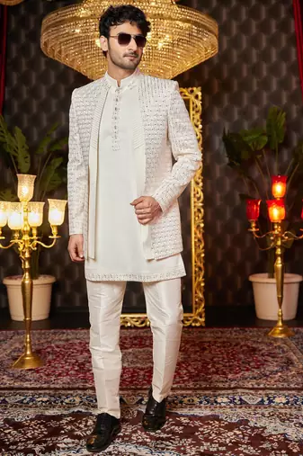 cream computer thread work on art silk indowestern for men 