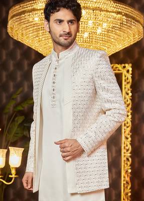 cream computer thread work on art silk indowestern for men  3
