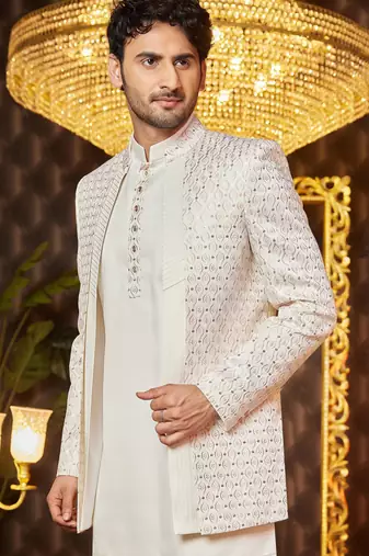 cream computer thread work on art silk indowestern for men 