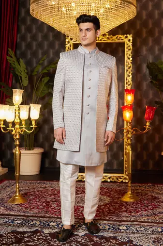 grey computer thread work on art silk indo western for men 