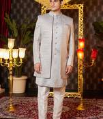 grey computer thread work on art silk indowestern western for men 