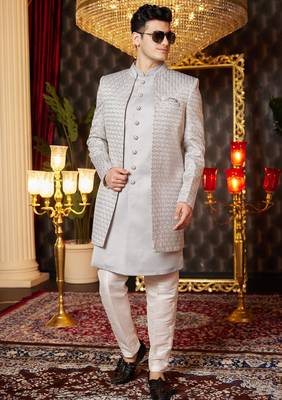grey computer thread work on art silk indowestern western for men  2