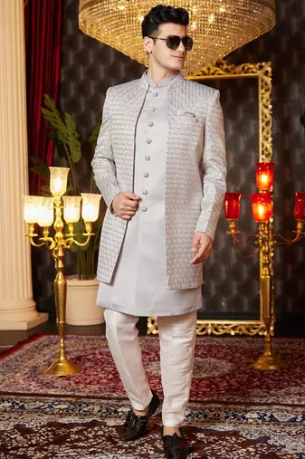 grey computer thread work on art silk indowestern western for men 