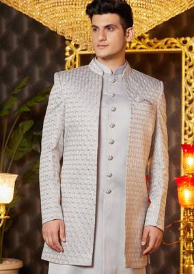 grey computer thread work on art silk indowestern western for men  3