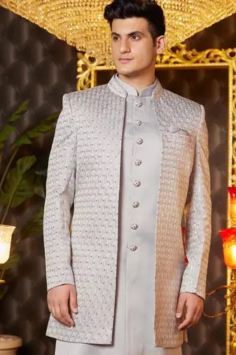 grey computer thread work on art silk indowestern western for men 