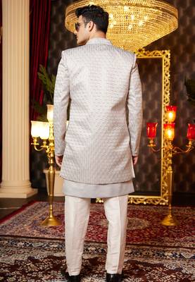 grey computer thread work on art silk indowestern western for men  4