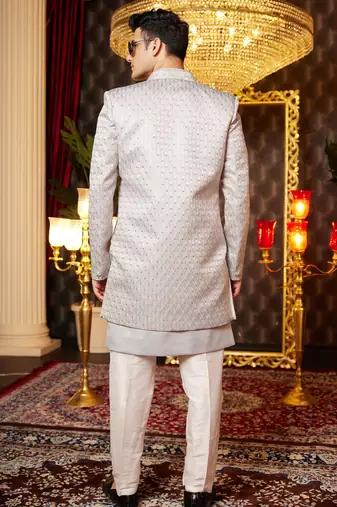 grey computer thread work on art silk indowestern western for men 