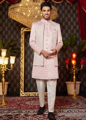 onion pink computer thread work on art silk indowestern western for men  1