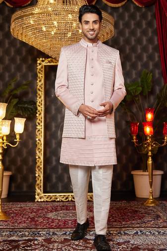 onion pink computer thread work on art silk indo western for men 