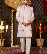 onion pink computer thread work on art silk indowestern western for men 