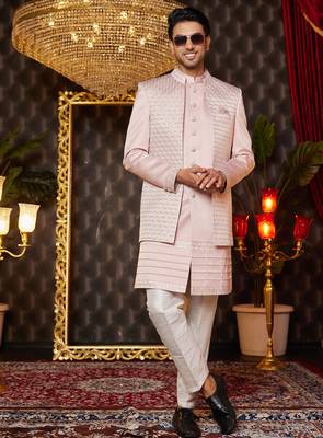 onion pink computer thread work on art silk indowestern western for men  2
