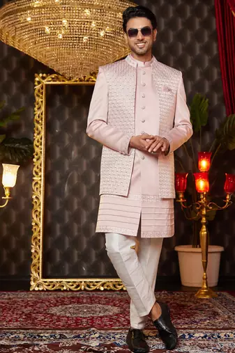 onion pink computer thread work on art silk indowestern western for men 