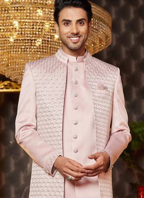 onion pink computer thread work on art silk indowestern western for men  3