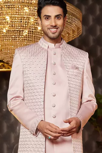 onion pink computer thread work on art silk indowestern western for men 