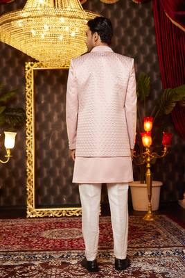 onion pink computer thread work on art silk indowestern western for men  4