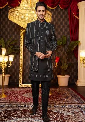 black computer thread work on art silk attach indowestern for men  1