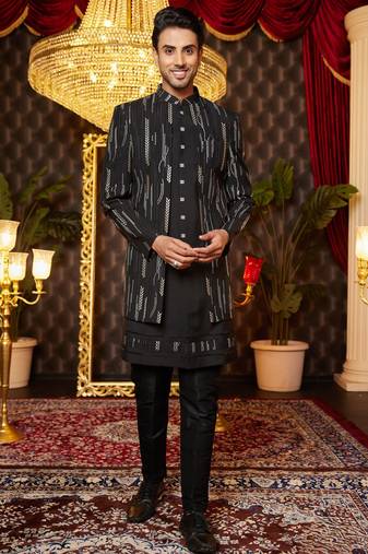 black computer thread work on art silk attach indo for men 