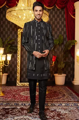 black computer thread work on art silk attach indo for men 