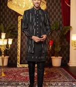 black computer thread work on art silk attach indowestern for men 