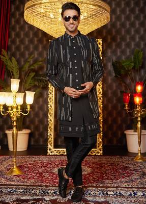 black computer thread work on art silk attach indowestern for men  2