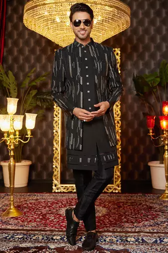 black computer thread work on art silk attach indowestern for men 